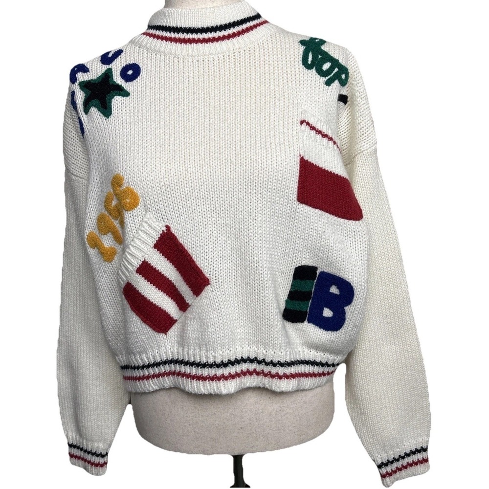 Vintage 90s Lord & Taylor Sweater Appliqué Womens‎ Large White Varsity Sporty